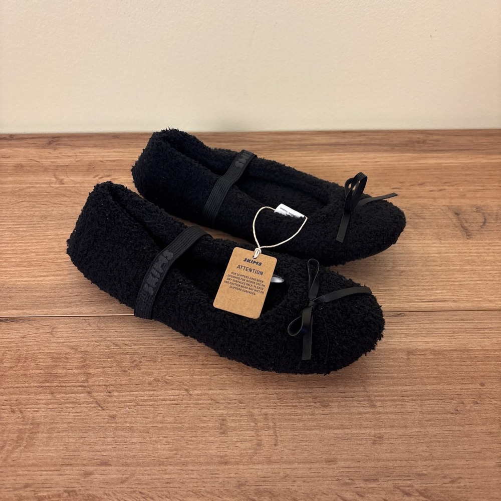 New Skims Cozy Ballet Slipper Onyx Black Women Size 35 Bow Plush Loungewear